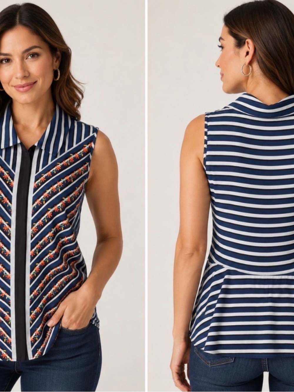 CAbi Navy & White Striped Sleeveless Chevron Top with Floral Trim